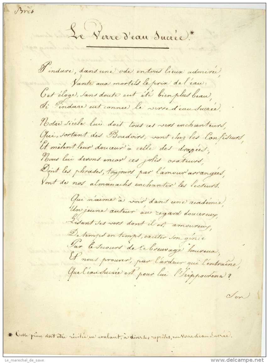 POEME Le Verre D'eau Sucrée - 3 Pp. Vers 1830/1840 - Manuscrits