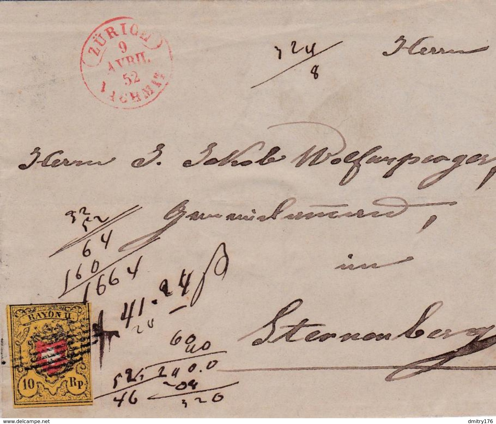 Switzerland Postal History. Zurich To Sternberg 1852 - 1843-1852 Kantonalmarken Und Bundesmarken