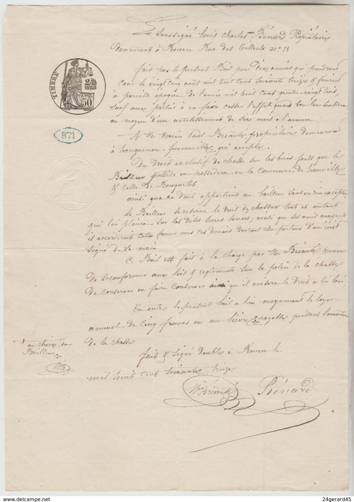 CACHET NOTARIAL 25/08/1873 - BAIL Mrs BENARD / BREAUTE A ROUEN Feuille Simple Timbre Fiscal Humide 50 Cents + 2/10° - Matasellos Generales