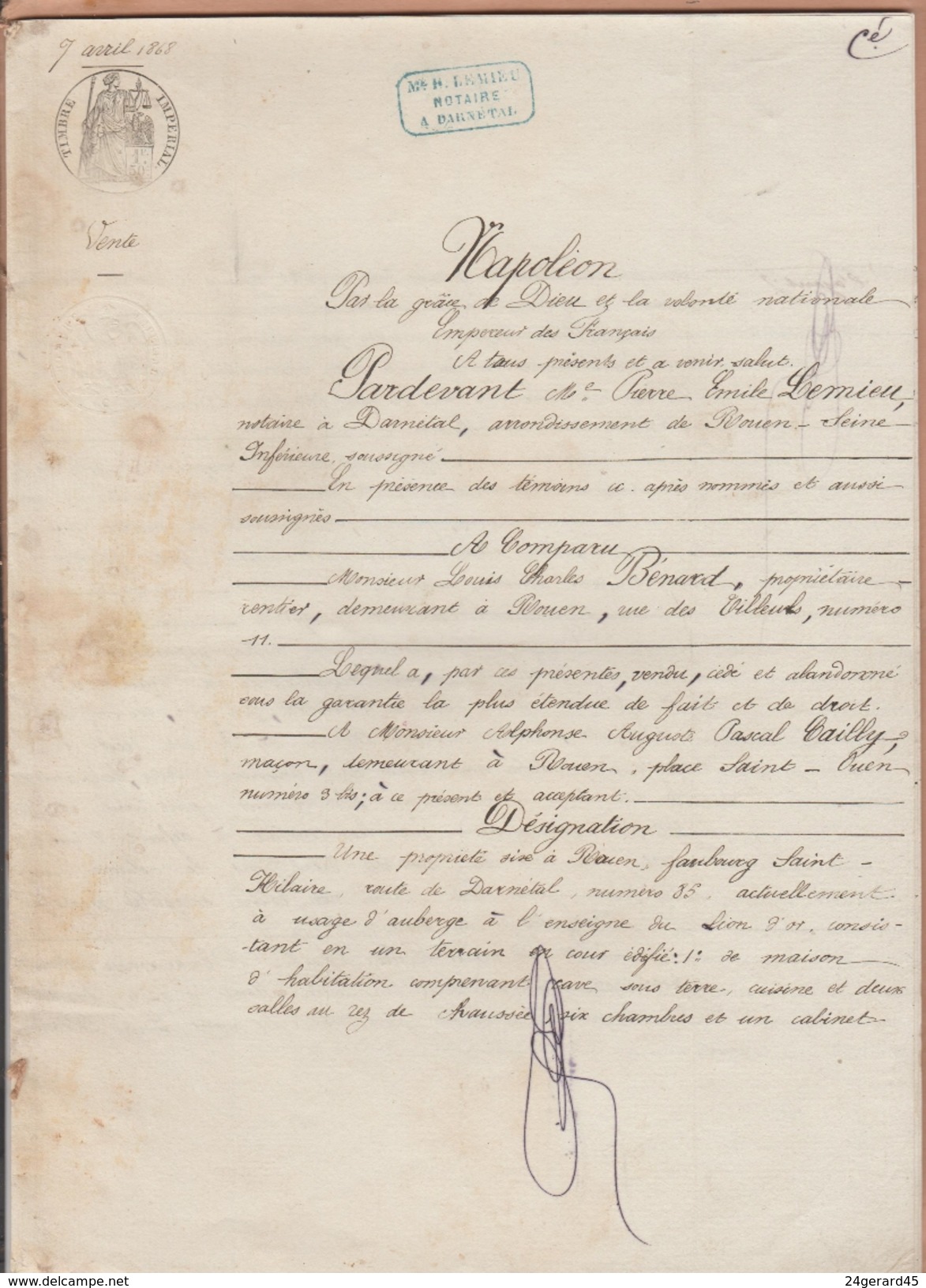 ACTE NOTARIAL 7/04/1868 - VENTE Mrs BENARD / CAILLY A DARNETAL 3 Feuiles Doubles Timbre Fiscal Humide 1,50 C - Algemene Zegels