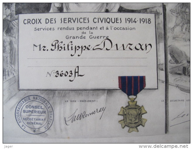 Diplome Medaille  Croix Des Services Civiques    Guerre De 1914 1918 - 1914-18