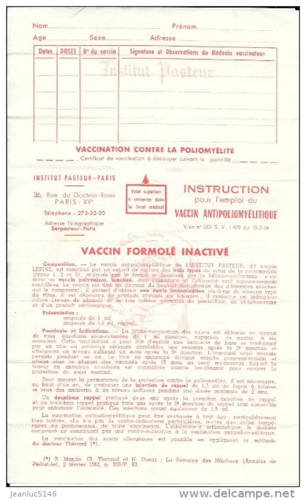 Document Médical Ancien. Notice Du Vaccin Contre La Poliomyélite, Institut Pasteur, Milieu Années 1960. - Non Classés