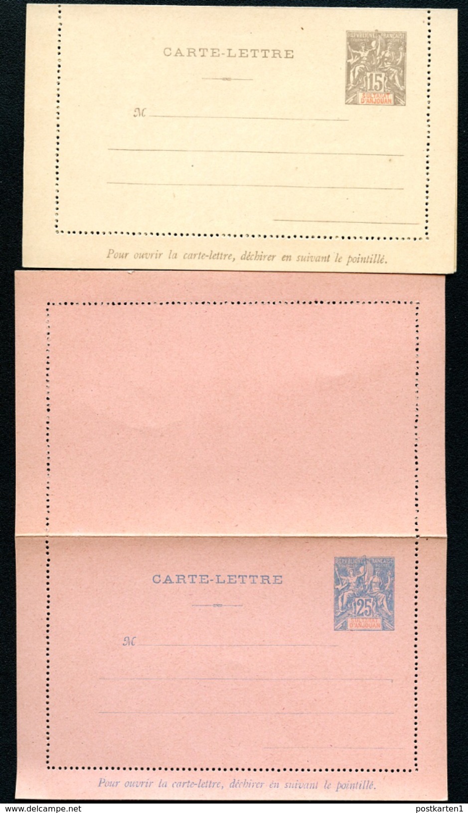 ANJOUAN COMOROS Letter Cards #5-6  15+25 C. Mint 1901 - Lettres & Documents
