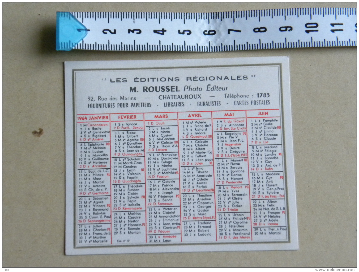 Petit Calendrier 1964 - M. ROUSSEL Photo - 92 Rue Des Marins - Chateauroux - Klein Formaat: 1961-70