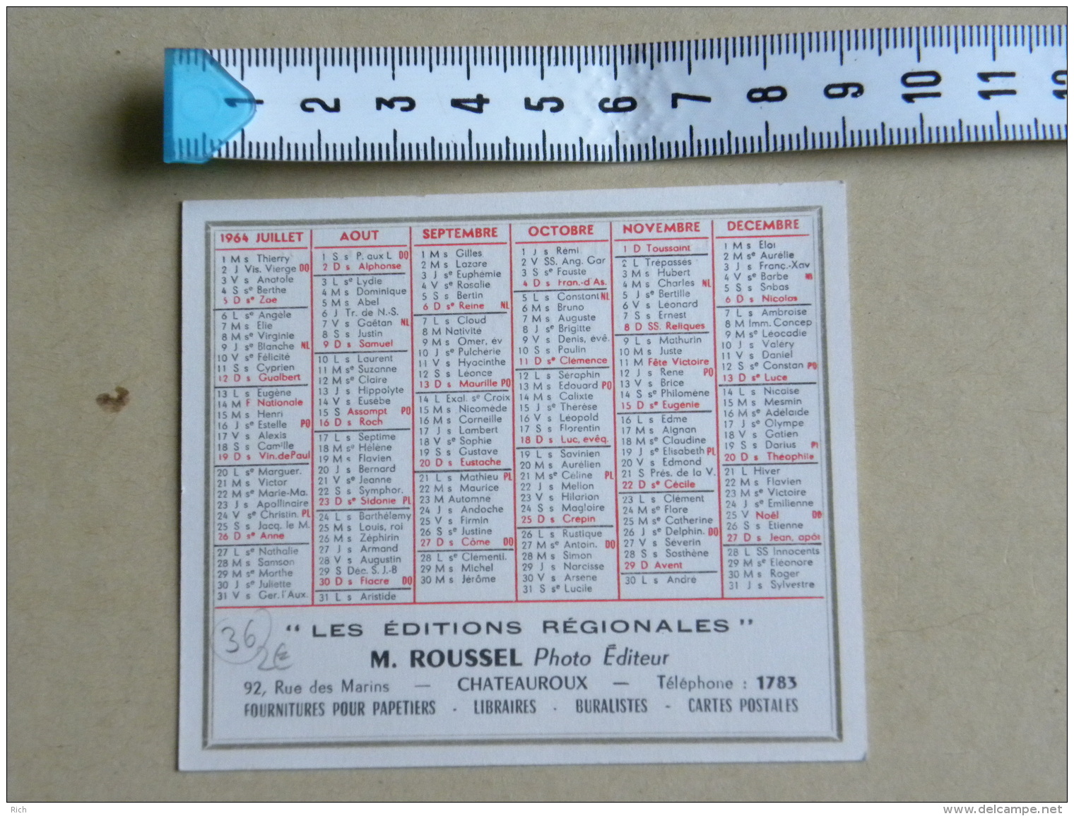 Petit Calendrier 1964 - M. ROUSSEL Photo - 92 Rue Des Marins - Chateauroux - Petit Format : 1961-70