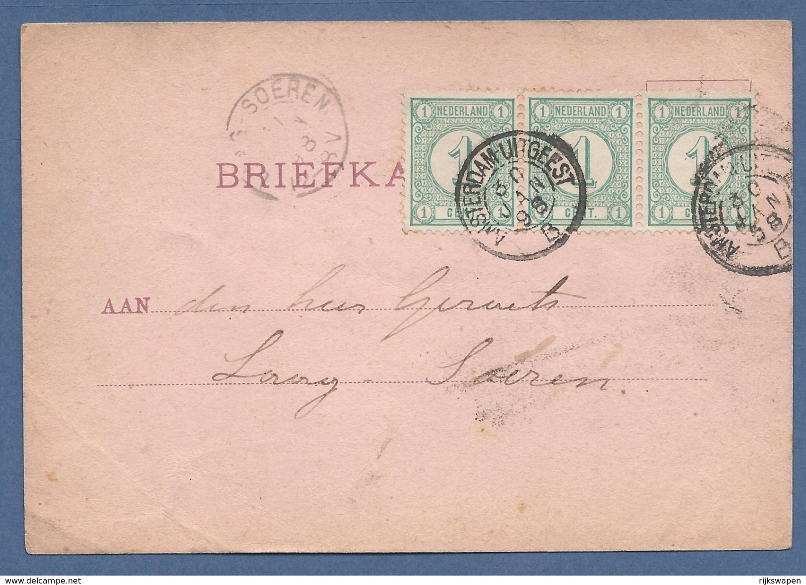 Nederland 1898 Briefkaart Velzen Met Strip V. Drie Nr.31 Cijfer En Kleinrond Amsterdam-Uitgeest - Briefe U. Dokumente