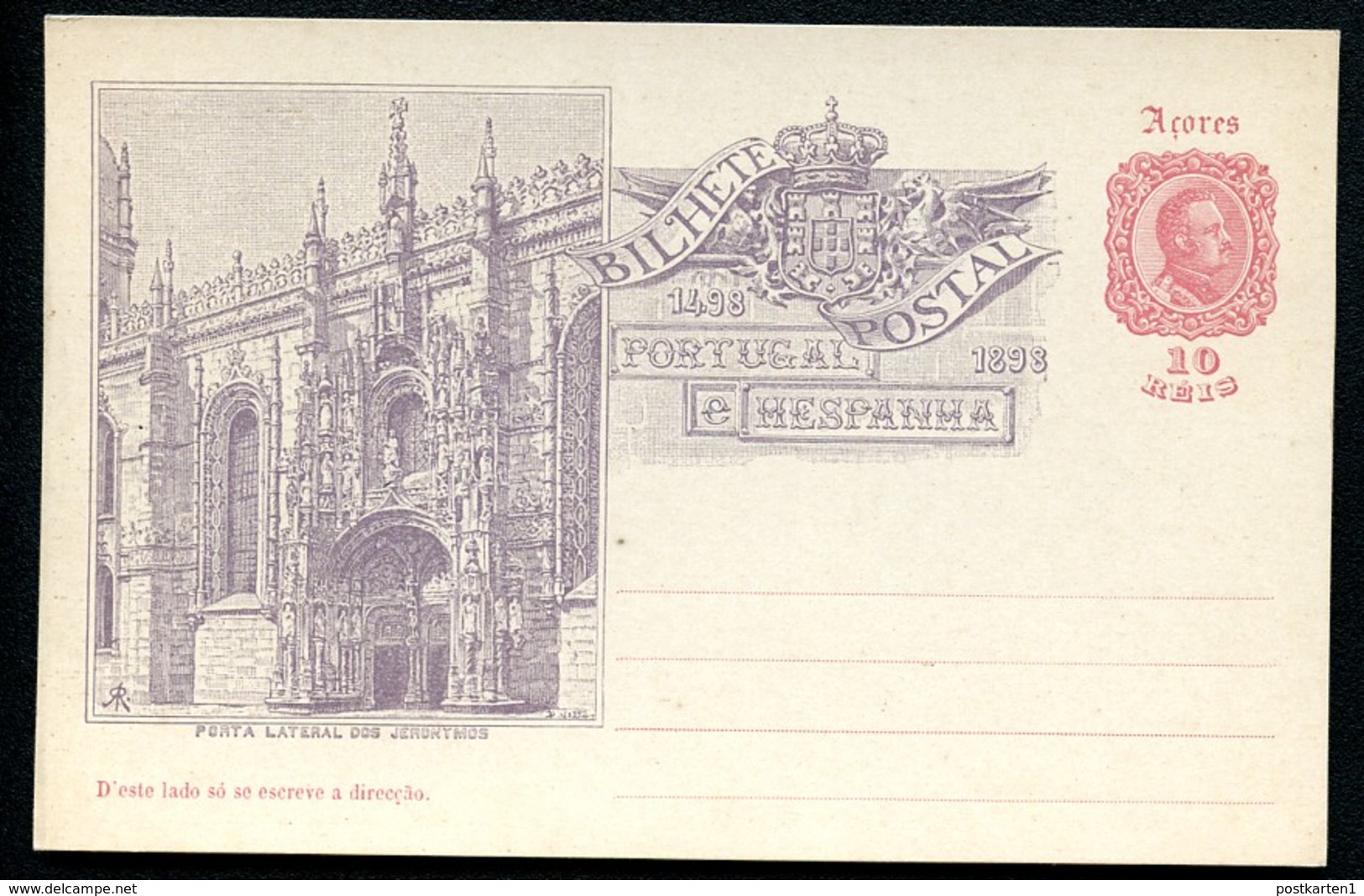 AZORES Postal Card #26 VASCO DA GAMA Mosteiro Dos Jeronimos Lisbon Mint Vf 1898 - Abadías Y Monasterios