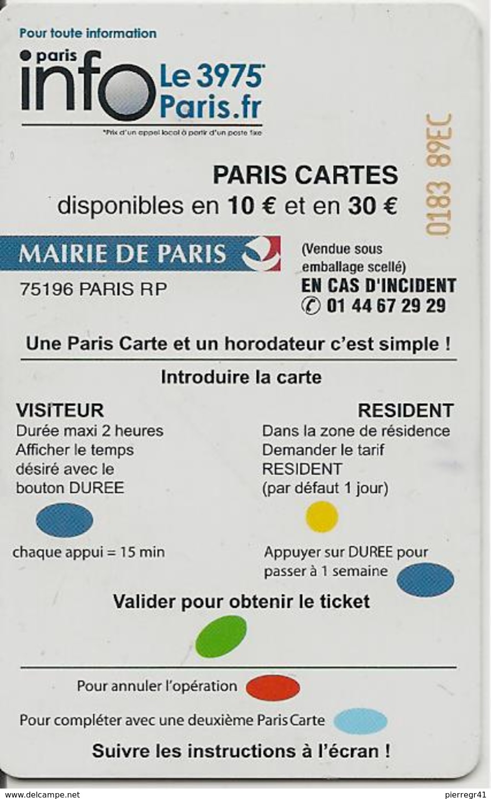 CARTE¤-STATIONNEMENT-PARIS-10&euro;-PUCE-SA1-PARIS 2012- JEUX OLYMPIQUES-TBE - PIAF Parking Cards