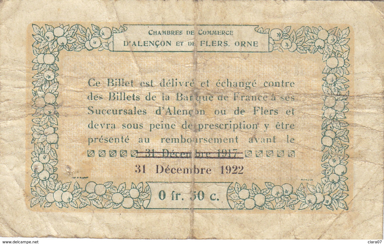 Billet 50 Centimes 50 C Chambre De Commerce D' Alençon 10-8-1915 Surchargé 31-12-1922 Série H-2 RARE - Chambre De Commerce