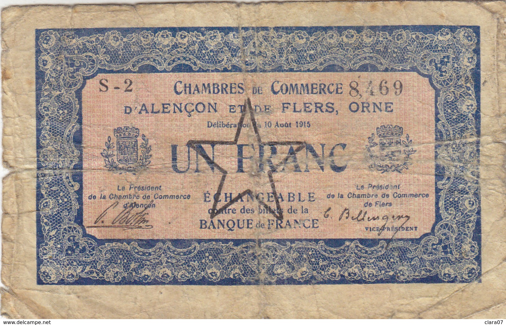 Billet 1 Franc 1 F Chambre De Commerce D' Alençon 10-8-1915 Surchargé 31-12-1922 Série S-2 RARE - Chambre De Commerce