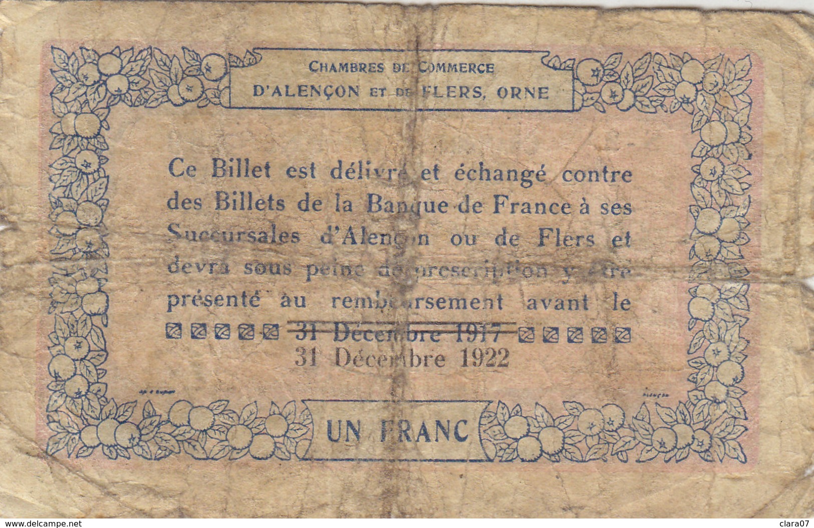 Billet 1 Franc 1 F Chambre De Commerce D' Alençon 10-8-1915 Surchargé 31-12-1922 Série S-2 RARE - Chambre De Commerce