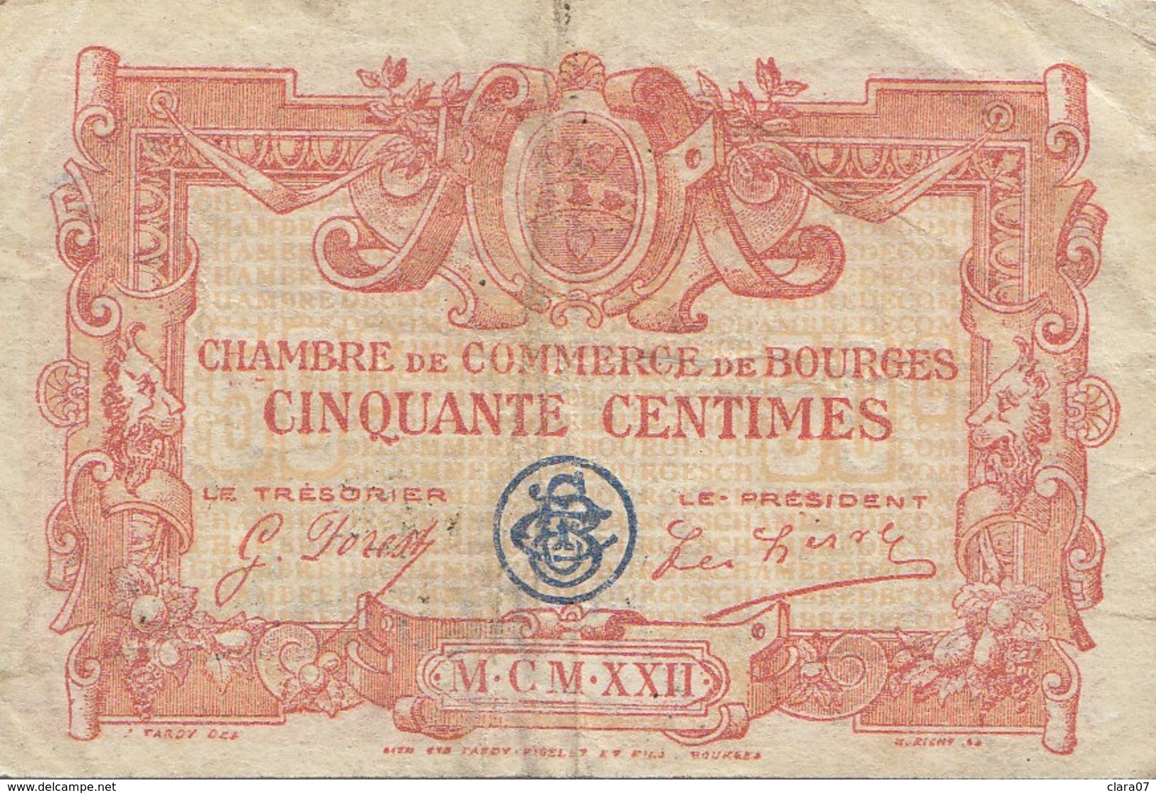 Billet 50 Centimes 50 C Chambre De Commerce De Bourges 1922 Lettre J - Chambre De Commerce