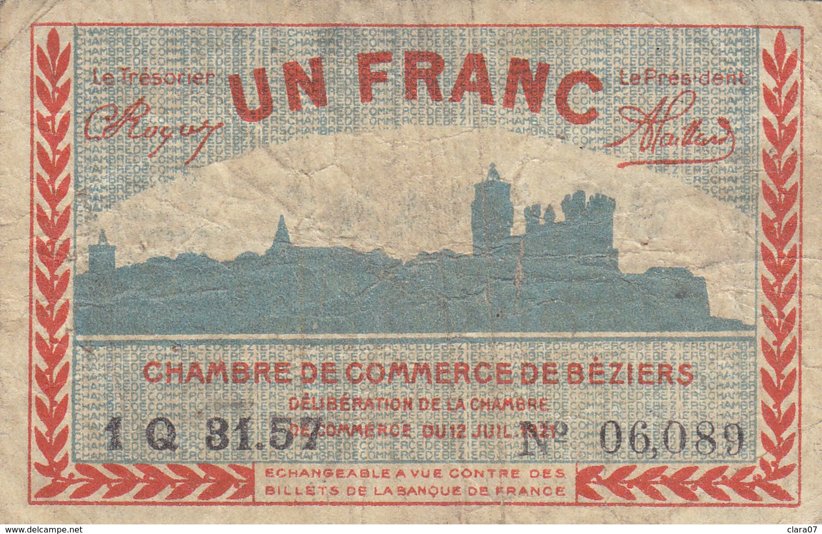 Billet 1 Franc 1 F Chambre De Commerce De Béziers 1921 - Chambre De Commerce