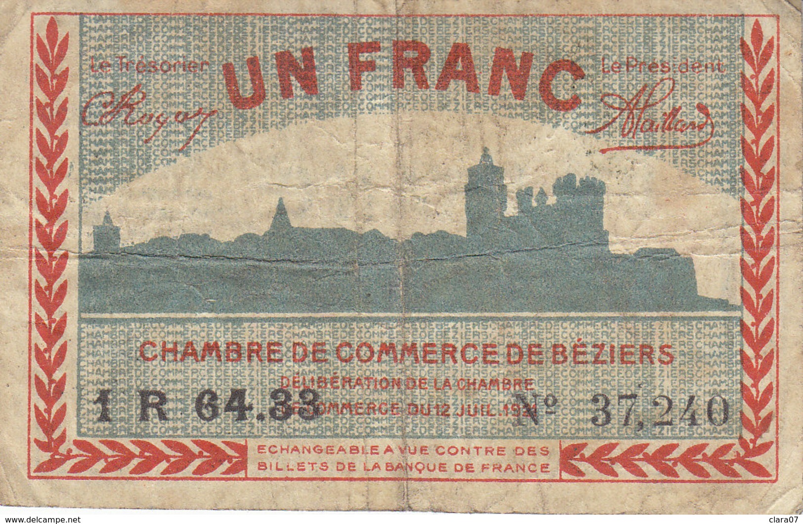 Billet 1 Franc 1 F Chambre De Commerce De Béziers 1921 - Chambre De Commerce