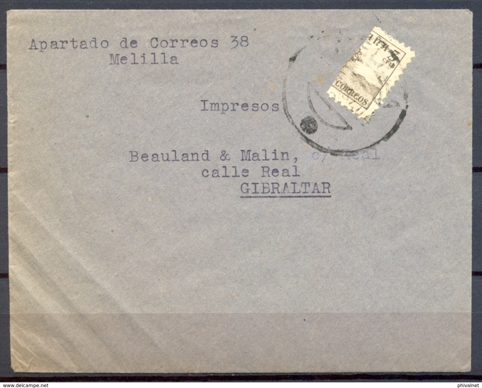 1937 , GUERRA CIVIL , MELILLA , SOBRE CIRCULADO A GIBRALTAR , FRANQUEO CON SELLO BISECTADO , LLEGADA - Cartas & Documentos