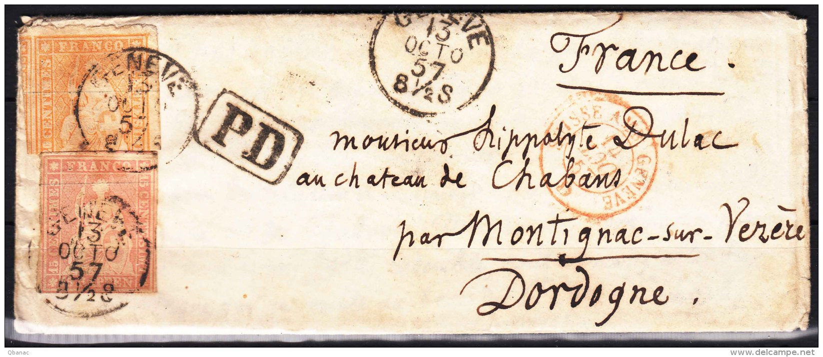 Switzerland 1854 Issue, Nice Bi-colour Franked Cover From 1857, From Geneve To Dordogne (France), Black Wax, Letter - Lettres & Documents