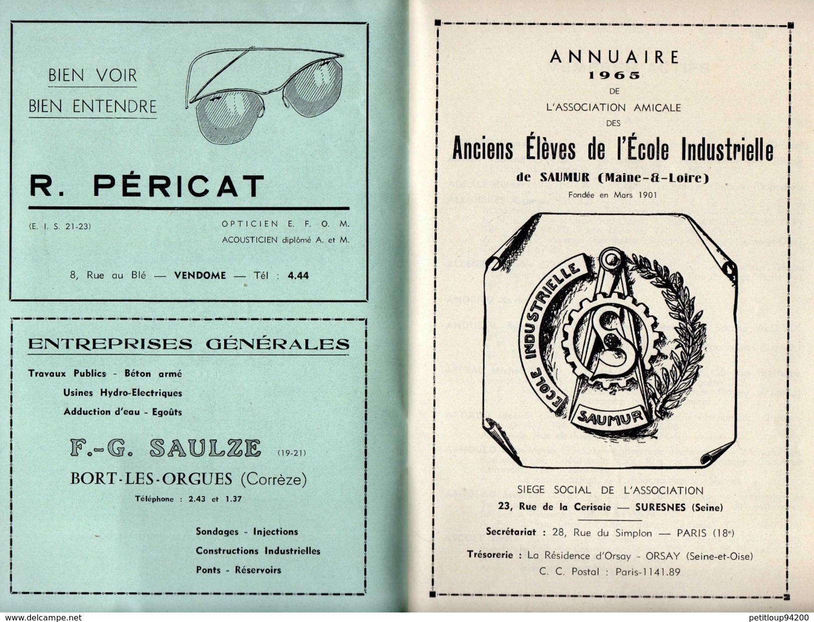 ANNUAIRE 1965 Association Amicale des Anciens Eleves de L'Ecole Industrielle de Saumur