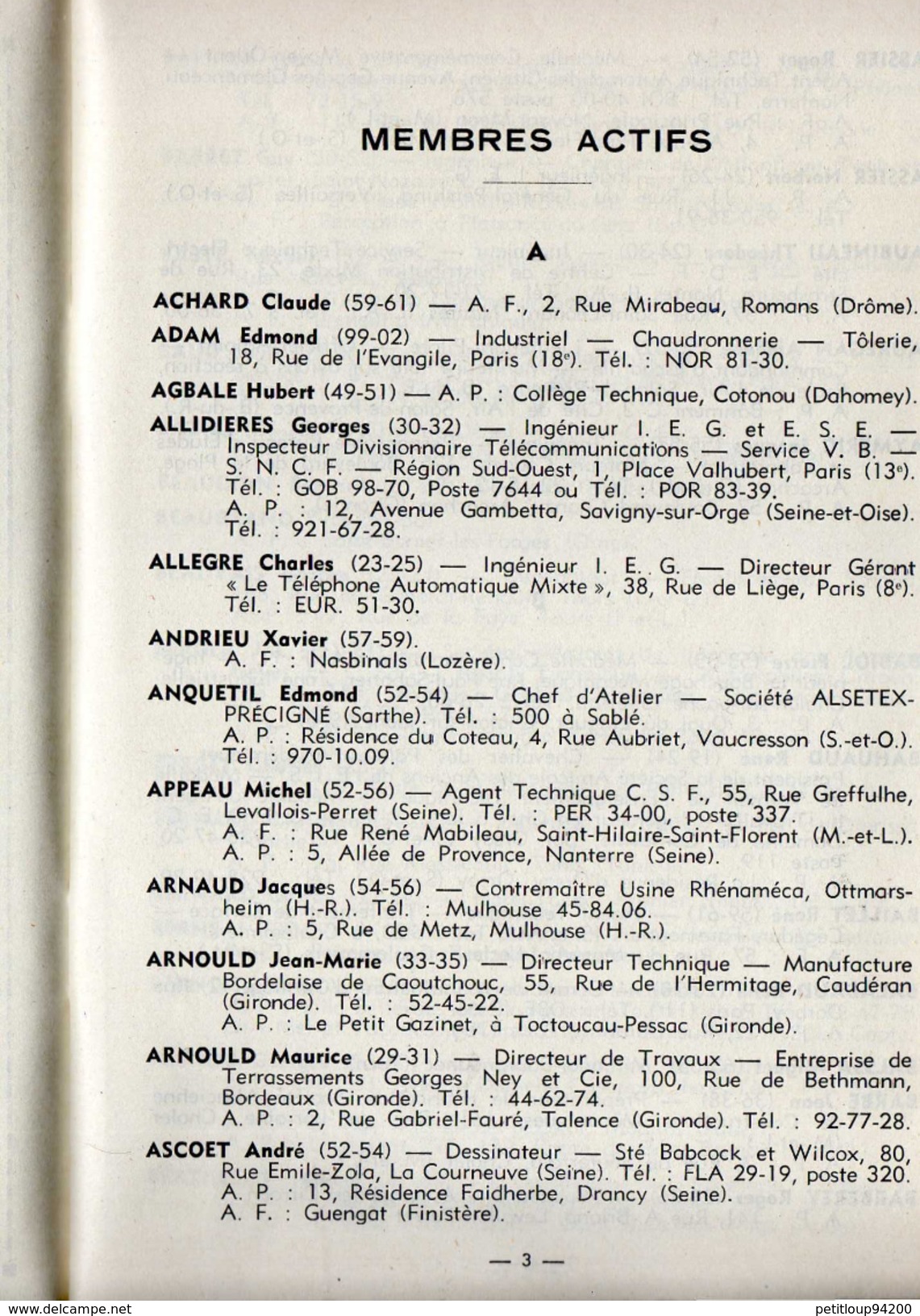 ANNUAIRE 1965 Association Amicale des Anciens Eleves de L'Ecole Industrielle de Saumur