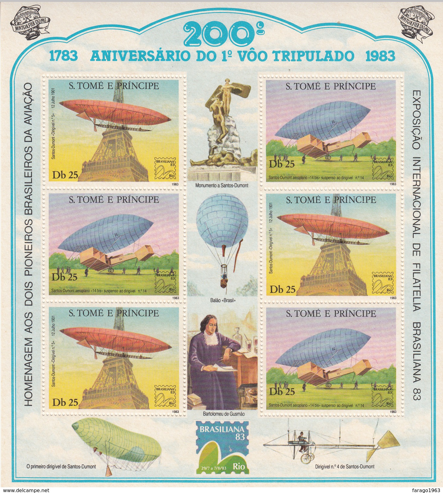 1983 Sao Tome St. Thomas Airships Dirigibles Balloons Brasilian Complete Set Of 2 Sheets Perf & Imperf (non-Dentale) MNH - Mongolfiere