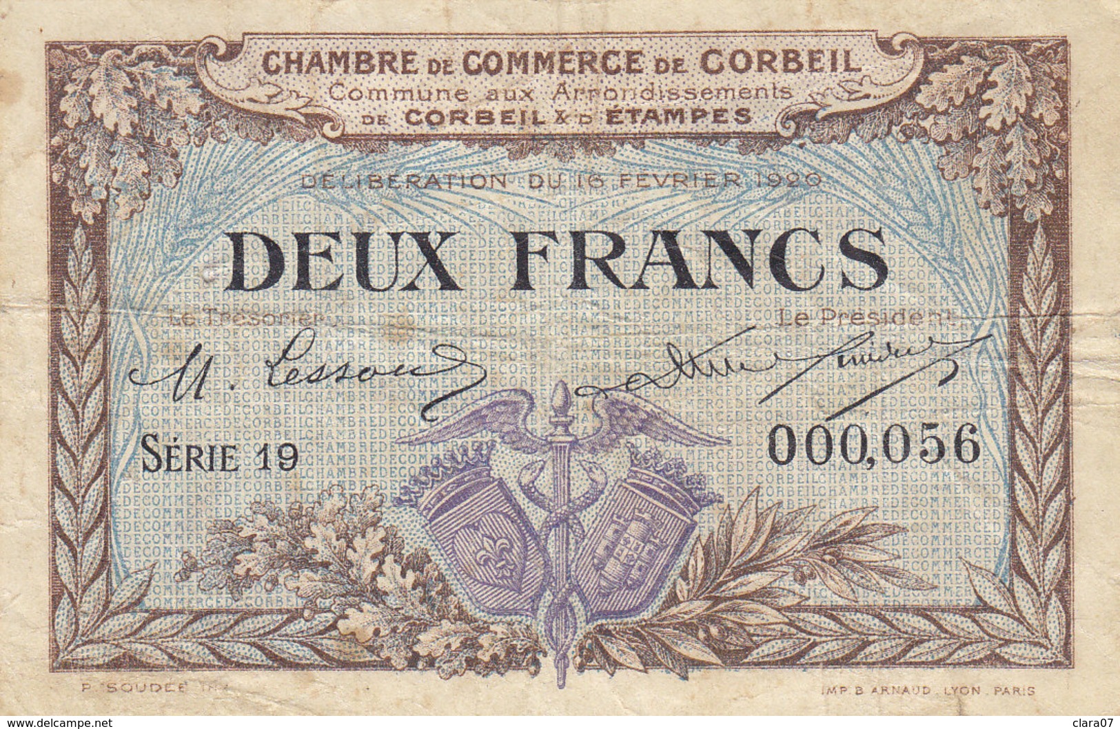 RARE Billet 2 Francs 2 F Chambre De Commerce De Corbeil 1920 Série 19 N° 000.056 - Chambre De Commerce