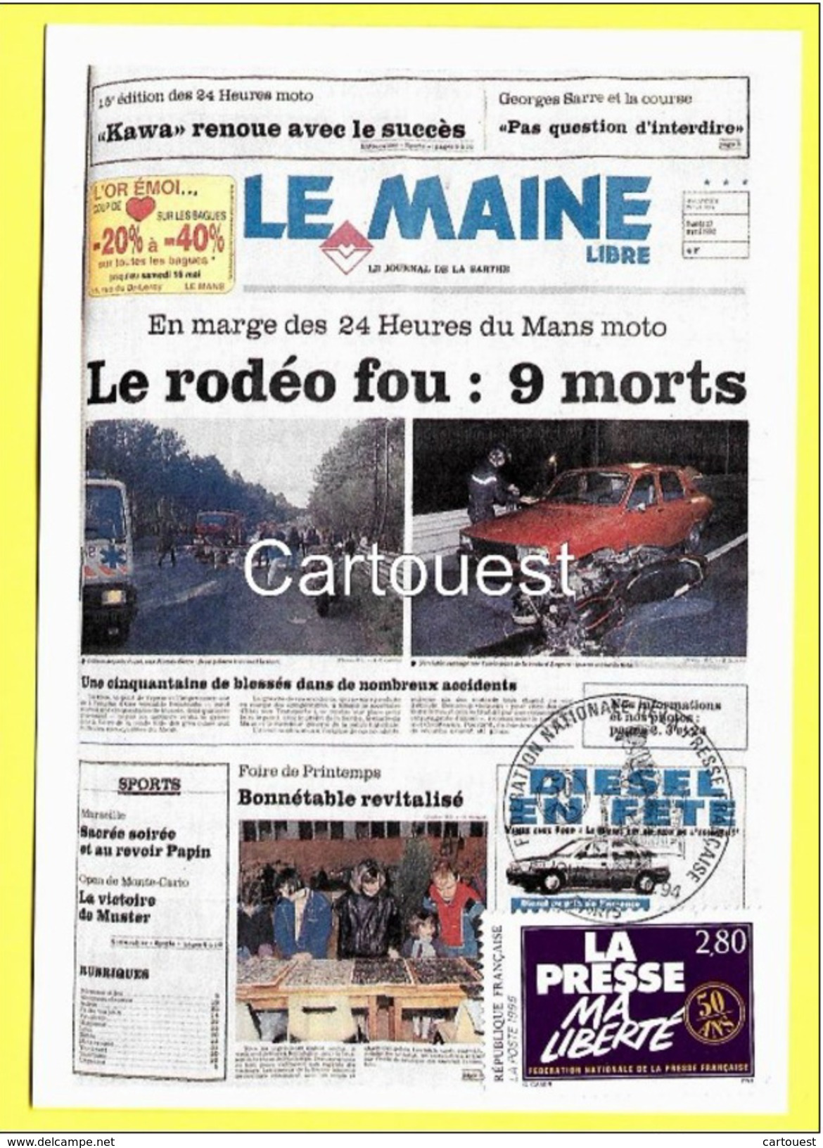CPM Numérotée : 000935 -  1992 : 24 HEURES Du MANS MOTO Se Terminent Dans Le Sang 9 Morts  ( Timbre Presse Ma LIBERTE ) - Sport Moto
