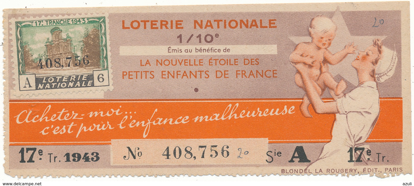 LOTERIE NATIONALE - Enfance Malheureuse 1943 - Billetes De Lotería