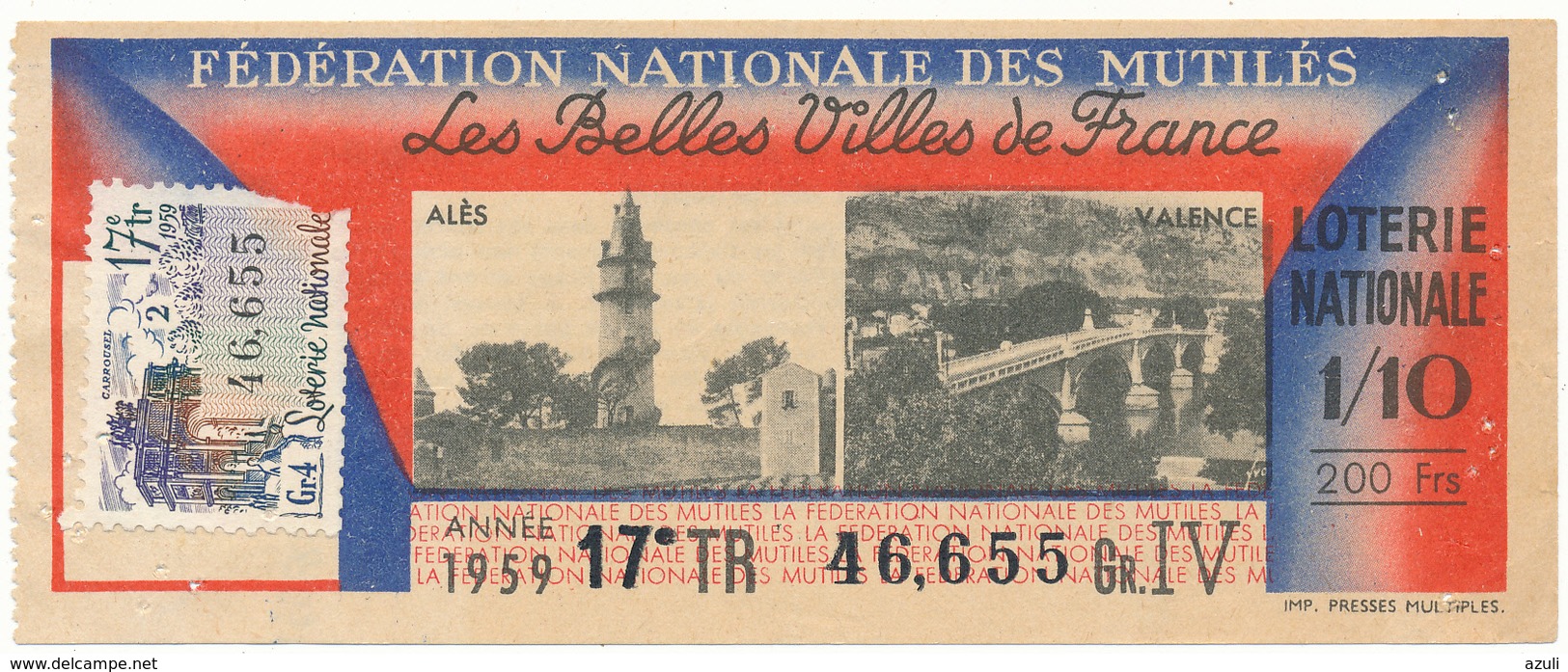 LOTERIE NATIONALE - Mutilés, Belles Villes De France, 1959 - Billetes De Lotería