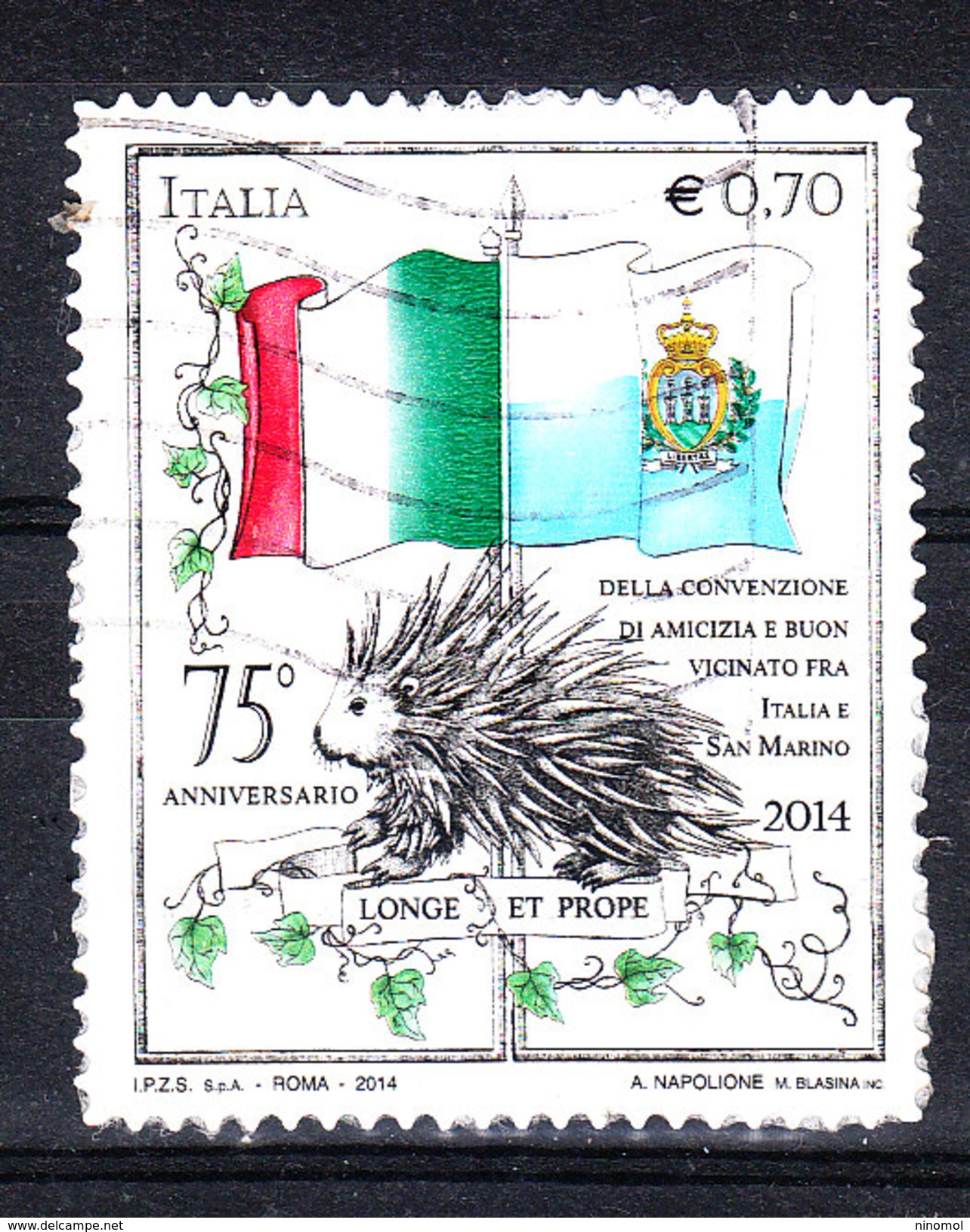 Italia   -  2014. Istrice Con Bandiere Italiana E San Marino. Hedgehog With Italian Flags And San Marino - Roedores