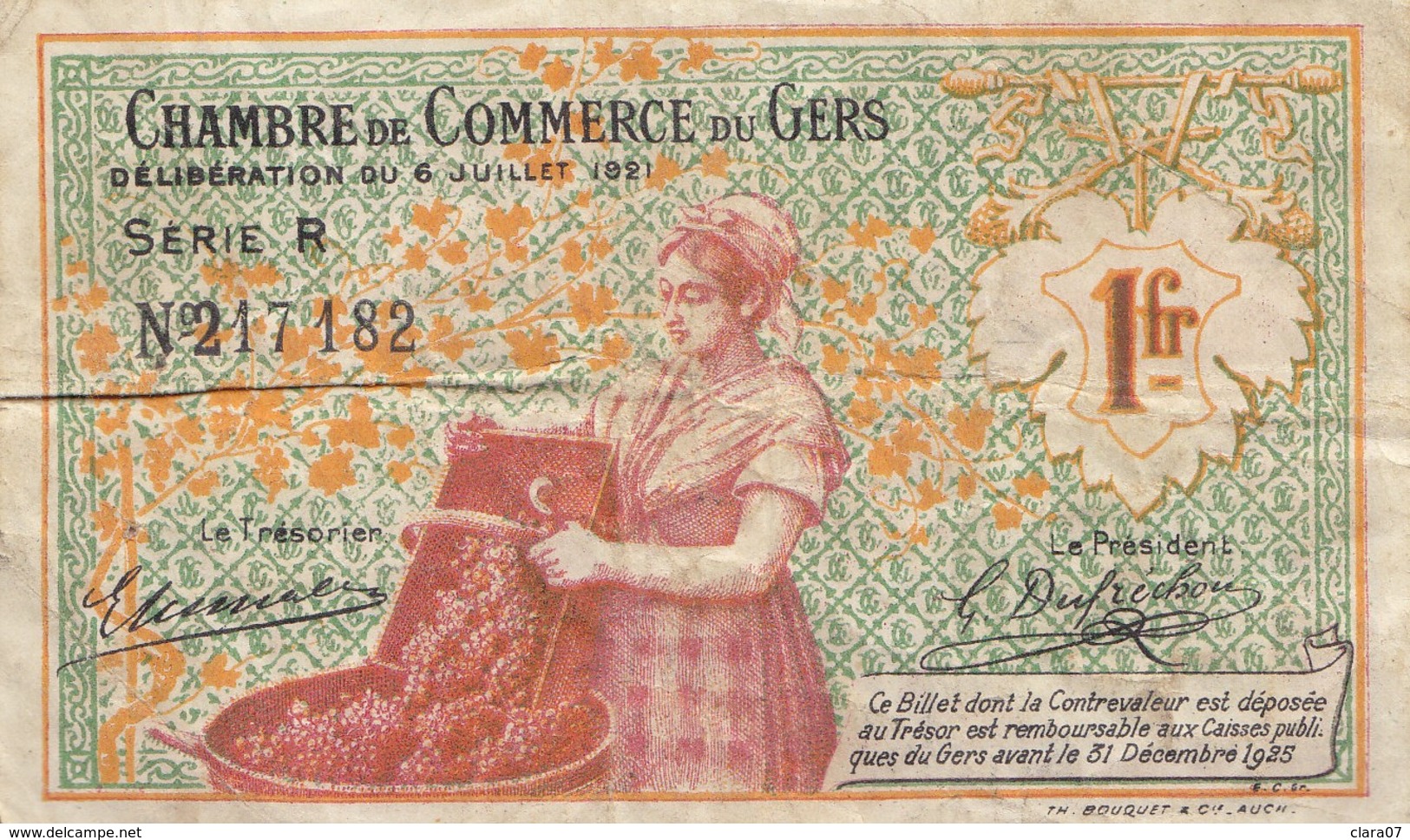 Billet 1 Franc 1 F Chambre De Commerce Du Gers 6-7-1921 Série R Chiffre 2 Rajouté - Chambre De Commerce