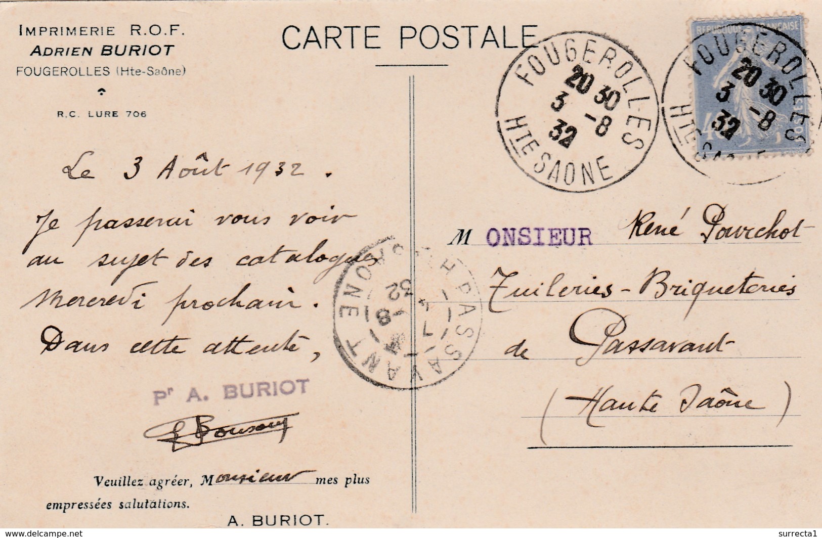 Carte Commerciale 1932 Adrien BURIOT / Imprimerie / 70 Fougerolles Haute-Saône - Autres & Non Classés