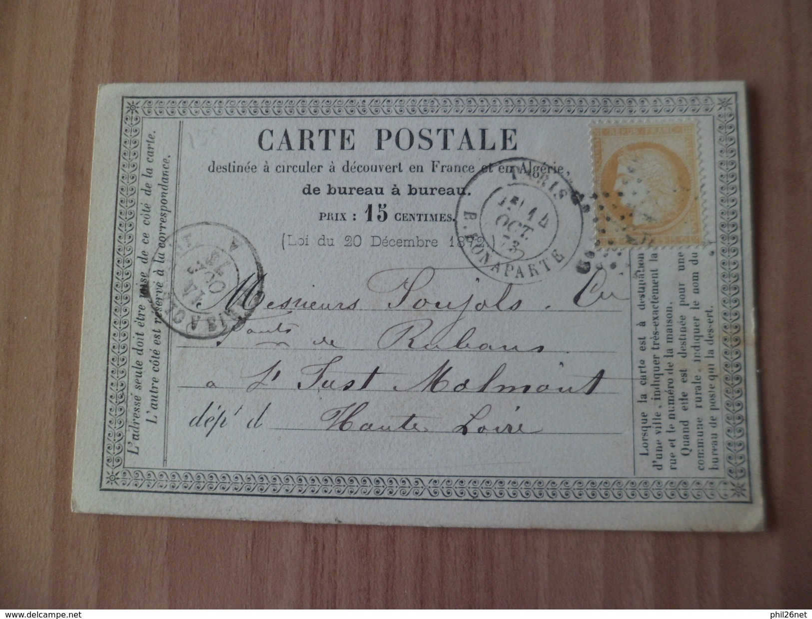 Carte Postale Le N°59 TB Paris Le 14/10/1873 Pour Saint Didier La Séauve 15/10/1873 Via  Paris à Clermont 14/10/1873  TB - 1871-1875 Ceres