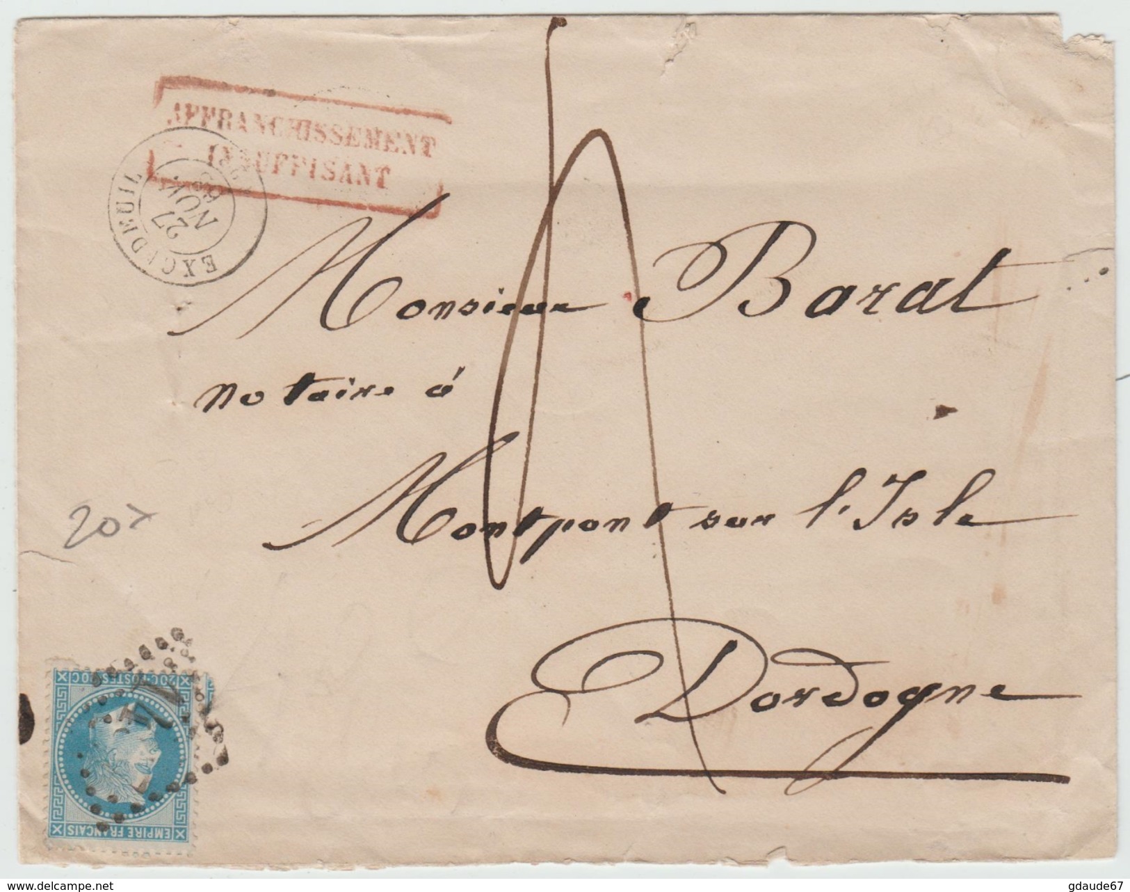 1863 - ENVELOPPE D'EXCIDEUIL (DORDOGNE) Avec TAXE & CACHET ROUGE "AFFRANCHISSEMENT INSUFFISANT" - 1849-1876: Classic Period