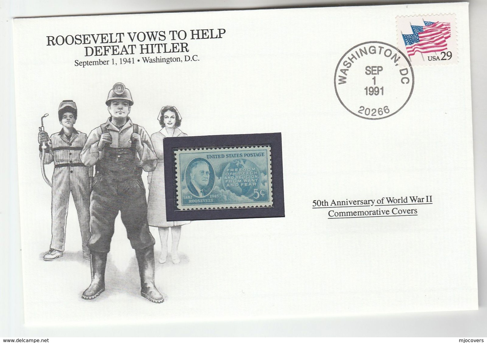 1991 USA Special COVER Anniv ROOSEVELT VOWS DEFEAT HITLER WWII Event  Stamps - WW2