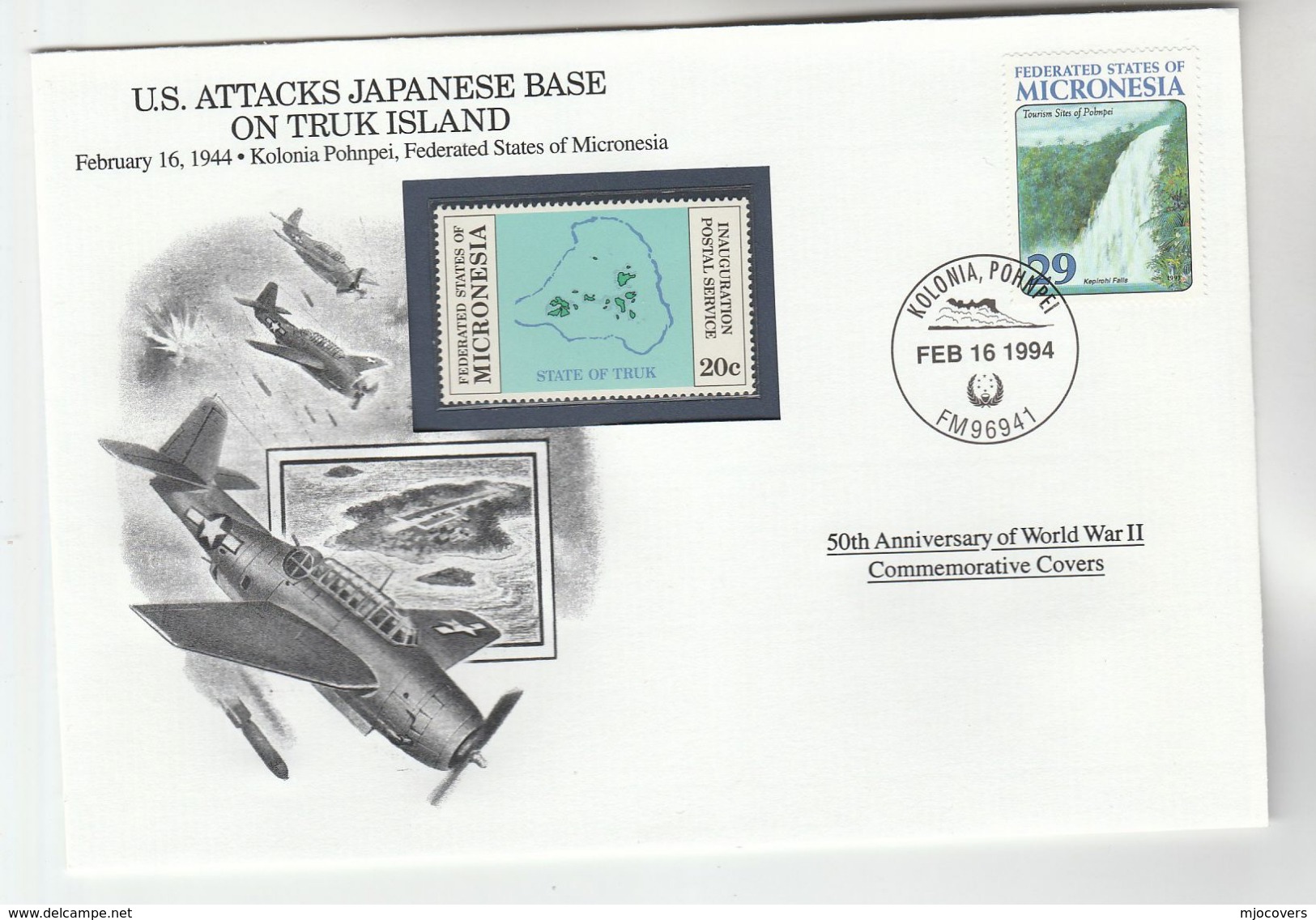 1944 MICRONESIA Special COVER Anniv TRUK ISLAND ATTACK JAPAN BASE USAF Event Aviation Stamps Waterfall - Airplanes