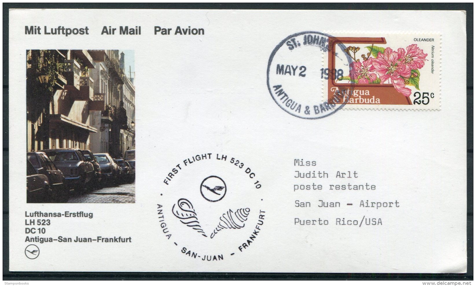 1988 Antigua / Puerto Rico Lufthansa First Flight - San Juan - Antigua And Barbuda (1981-...)