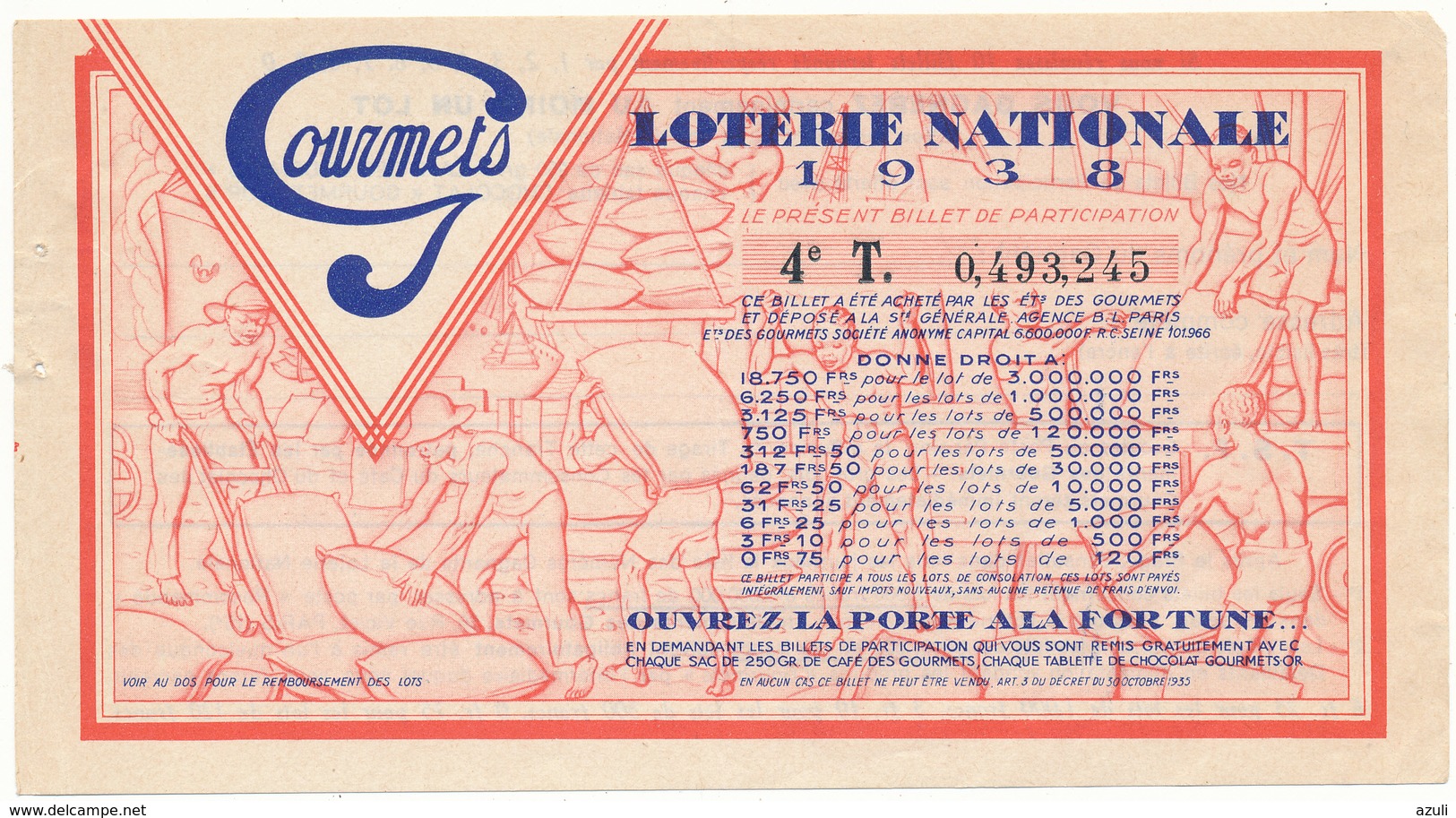 LOTERIE NATIONALE - Café Des Gourmets, 1938 - Format 9 X 16 Cm - Biglietti Della Lotteria