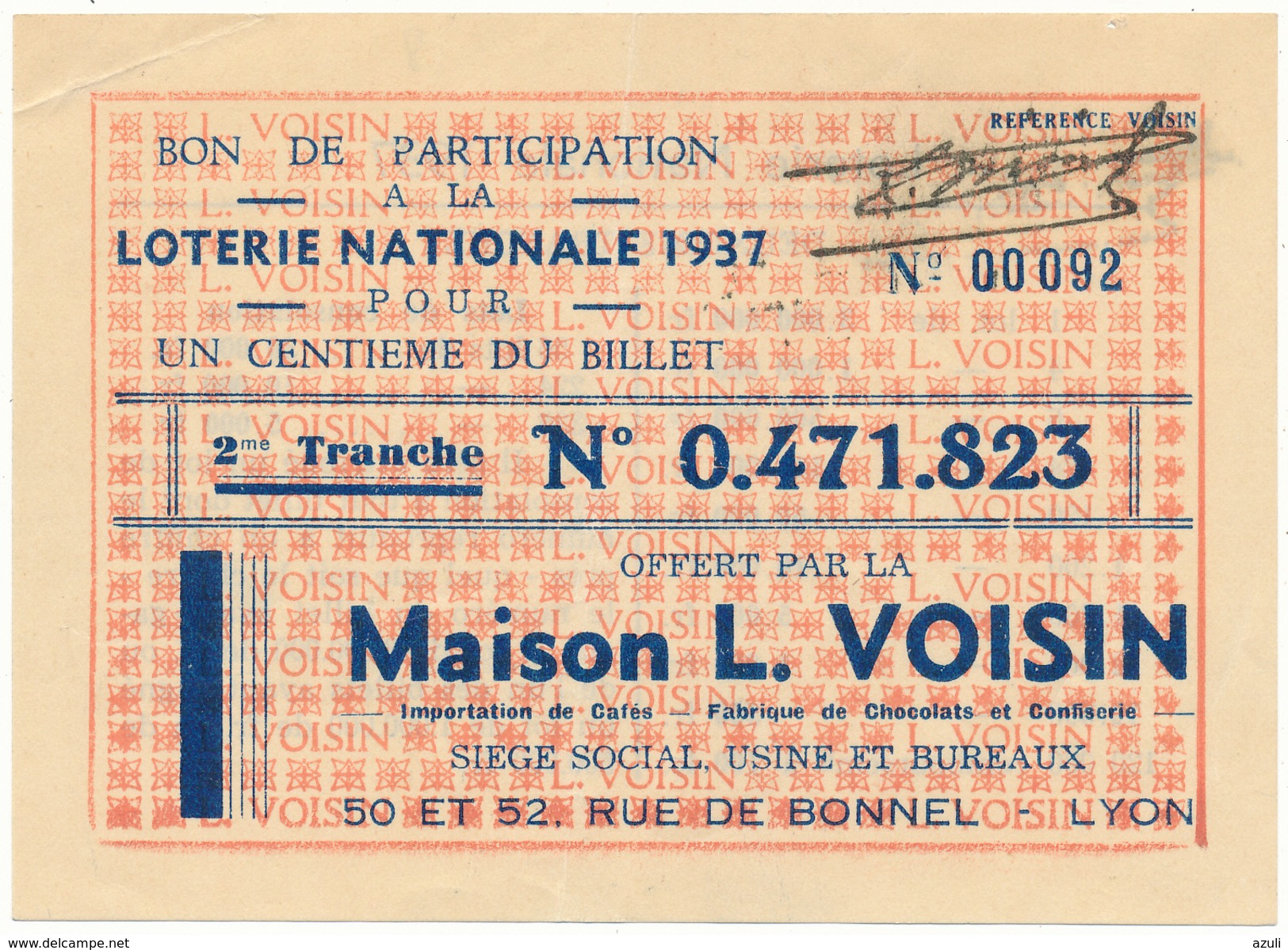 LOTERIE NATIONALE - Maison L. Voisin, Lyon 1937 - Lottery Tickets