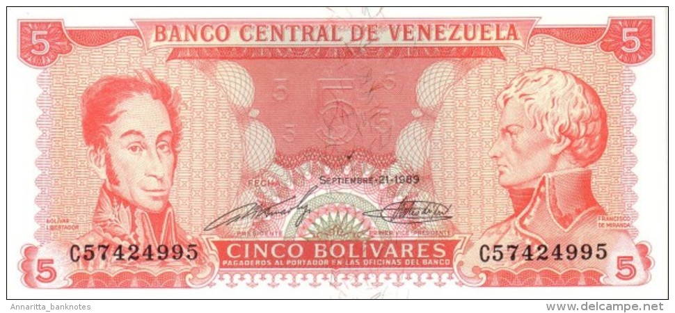 VENEZUELA 5 BOLIVARES 1989 P-70b UNC 8 DIGIT SERIAL # [ VE070b ] - Venezuela