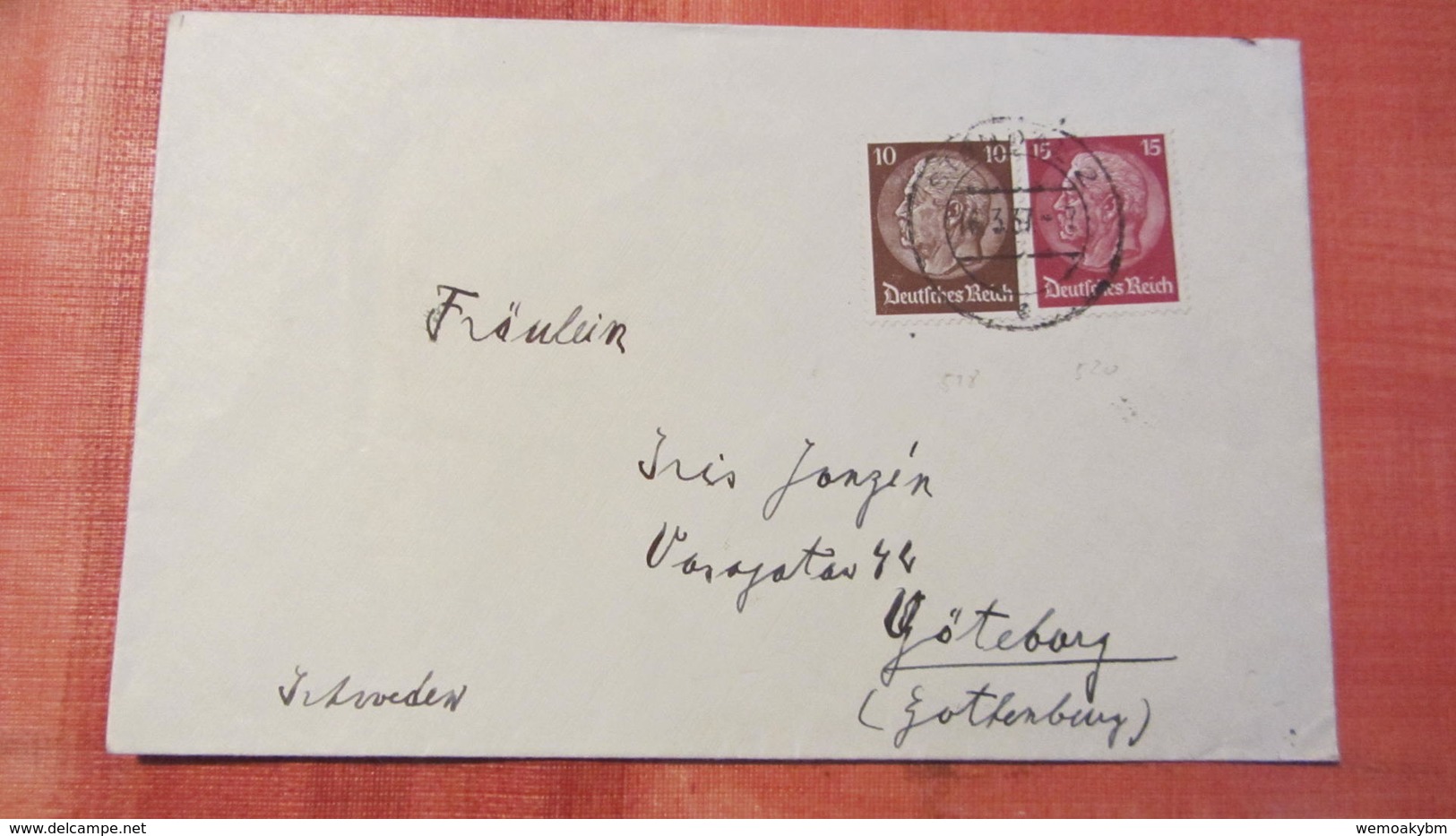 DR 33-45: Ausl-Brief Mit 15 Und 10 Pfg Hindenburg Nach Göteburg Vom 26.3.37 Knr: 520, 518 - Briefe U. Dokumente