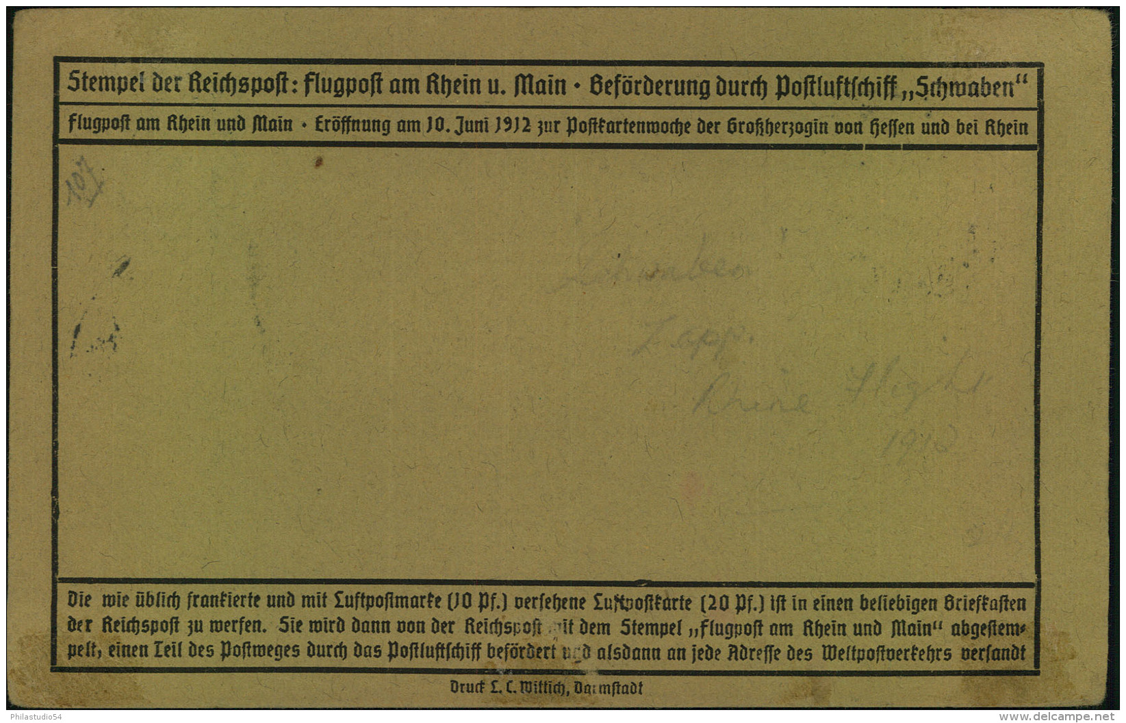 1912, 17.6., 10 Pfg. Flugpost Rhein-Main Mit 5 Pfg. Germania Auf üblicher Brauner Sonderkarte. - Zeppelins