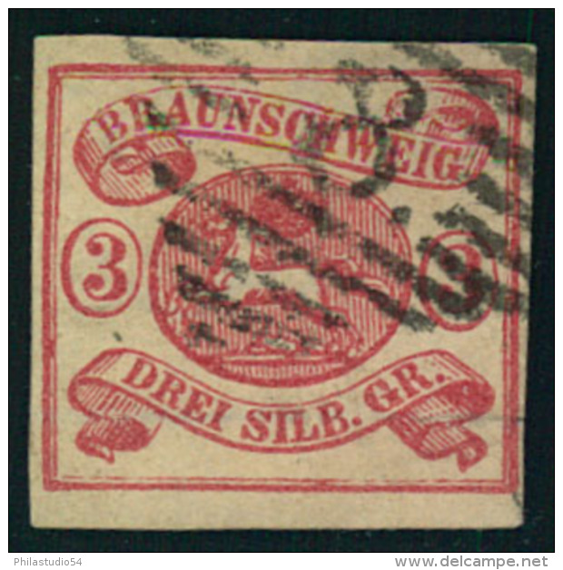 1862, 3 Sgr. Karmin Auf Weiß, Voll- Bis Breitrandiges Kabinettstück Mit Nummernstempel ""8"" BRAUNSCHWEIG. Rückseitig Kl - Brunswick