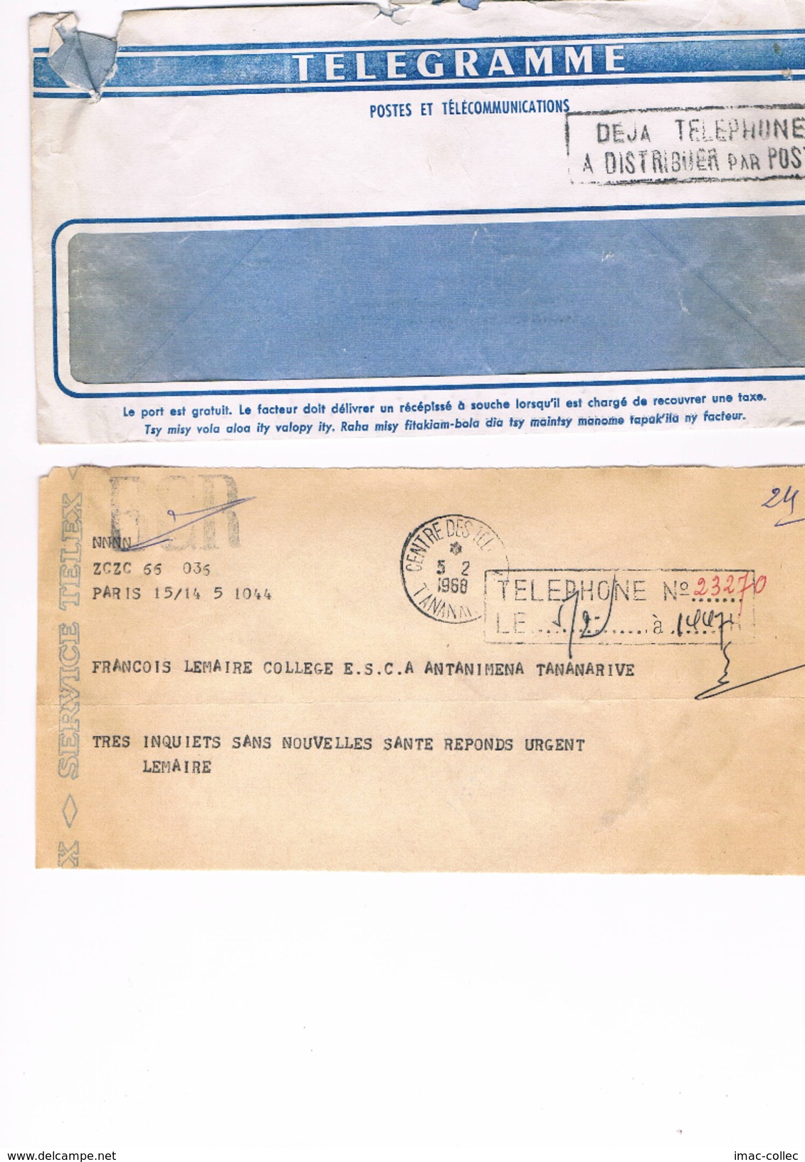 2 Télégrammes - Tananarive CAD 1967 Et 1968 - Madagascar (1960-...)