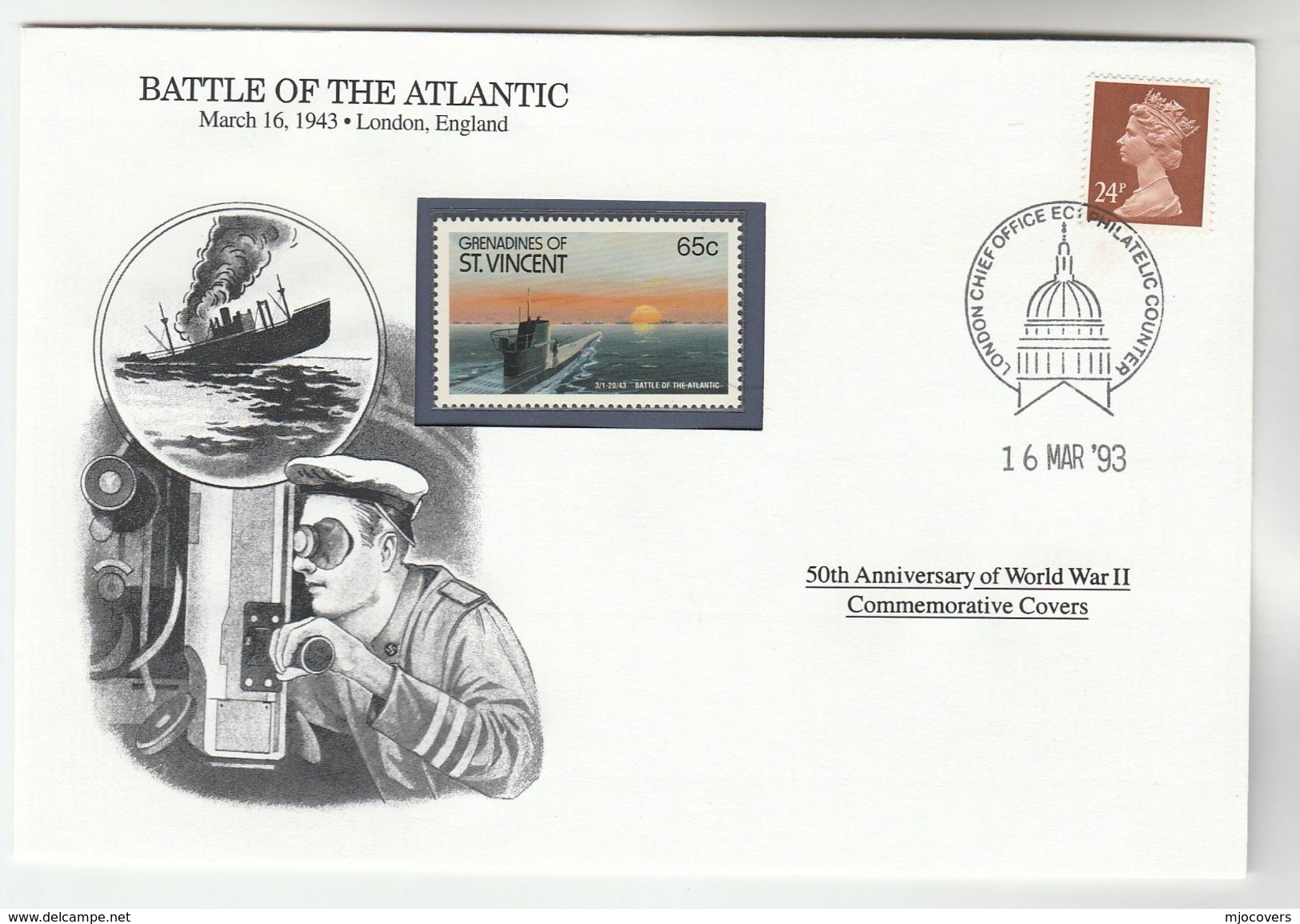 1992 GB Special COVER Anniv WWII BATTLE OF ATLANTIC Illus U BOAT SUBMARINE SINKING SHIP Event Stamps Navy - Submarines