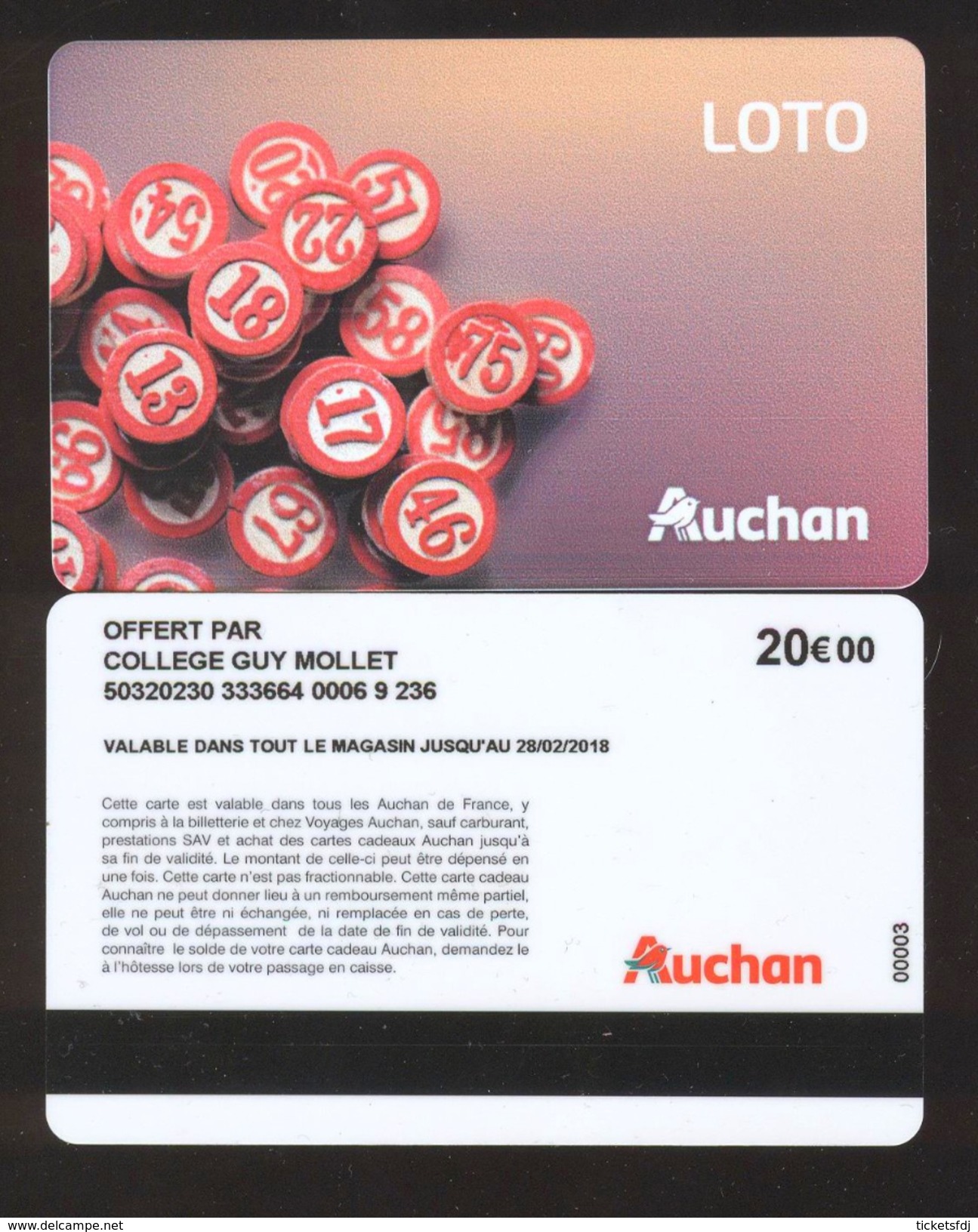 GIFT CARD - Carte Cadeau Auchan - LOTO Nouveau Modèle - 20 &euro; COLLEGE GUY MOLLET - Cartes Cadeaux