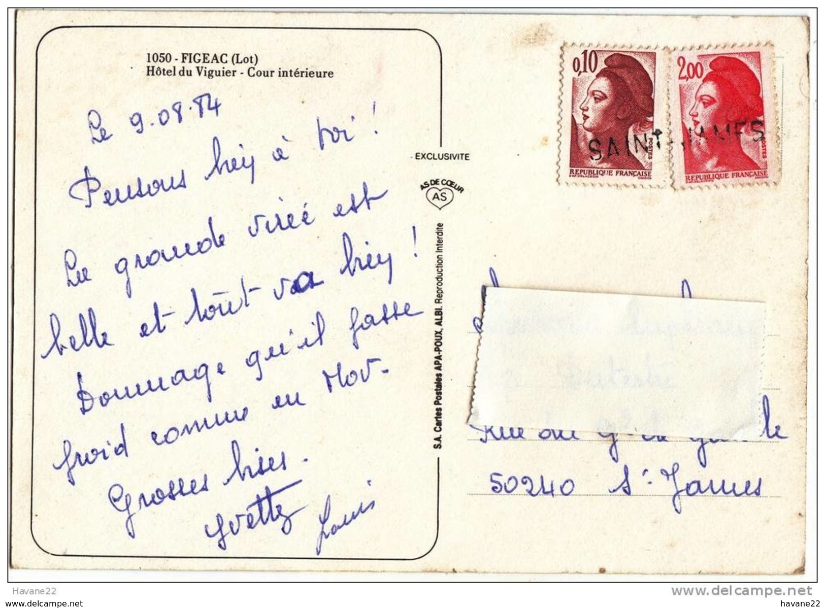 X1325 AU DOS CP FIGEAC   CACHET EN LIGNE LINEAIRE SAINT JAMES 2 SCANS - Lettres & Documents