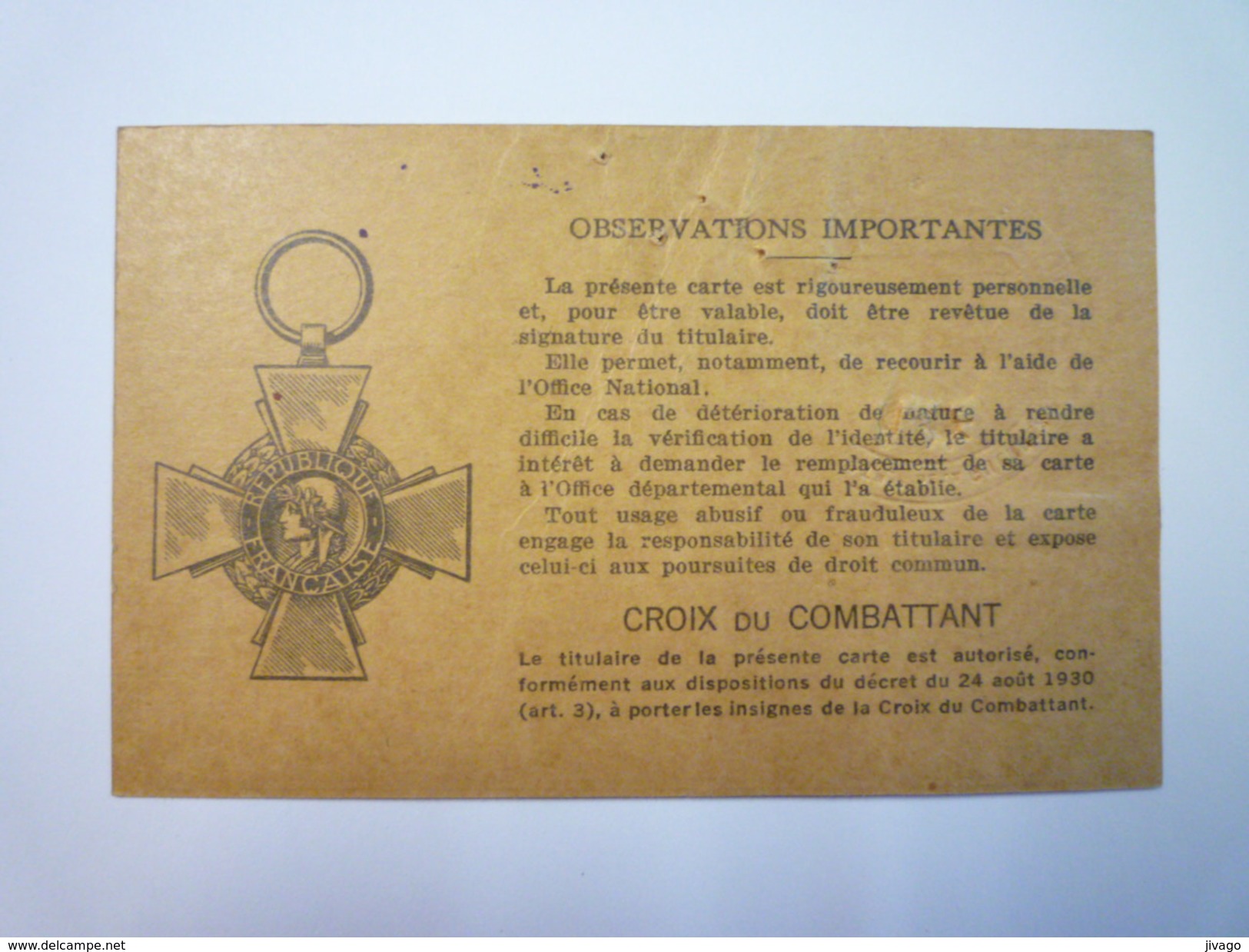 CARTE Du COMBATTANT  1937  X - Non Classés