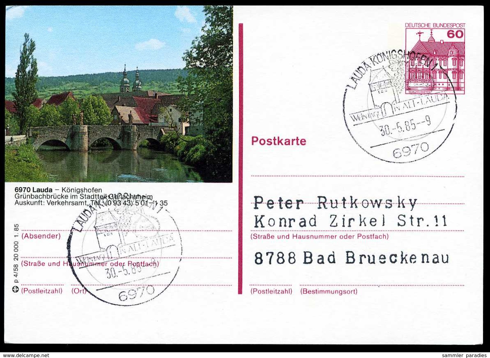 80519) BRD - Bildpostkarte P 138 P4/58 - Ortsgleich OO Gestempelt - 60Pf Rheydt, 6970 Lauda, Gerlachsheim - Postales Ilustrados - Usados