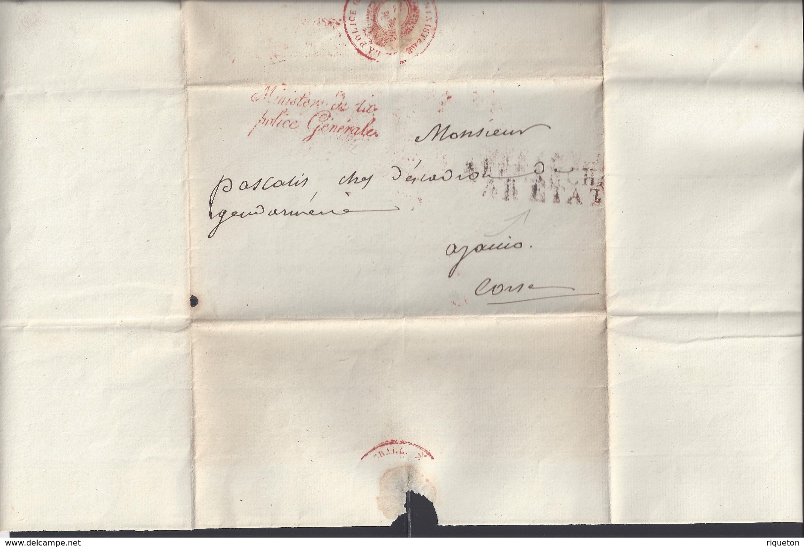 FR - Franchise - Ministère - Police Générale - Affranchie Par L'Etat - Gendarmerie -  Pli Vers Ajaccio - B/TB  - - 1877-1920: Periodo Semi Moderno