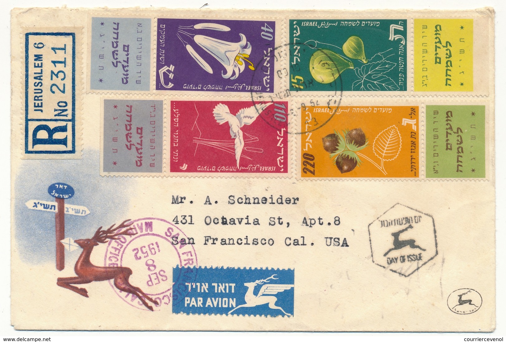 ISRAEL - N°°58/61 (avec Tabs) Obl. JERUSALEM Du 3/9/1952 Sur FDC Illustrée "REC.Avion" Pour USA - FDC