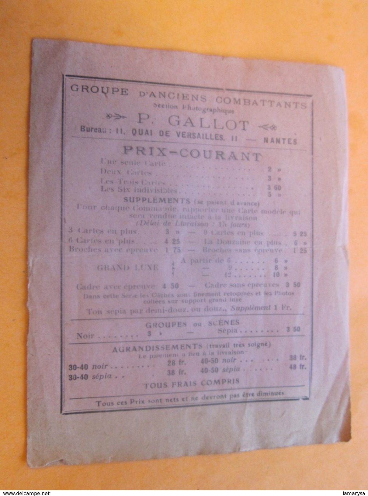 Groupe Anciens Combattants Section Photographique P.Gaillot Q. De Versailles NANTES Prix Courant  Militaria Document/Pub - Documents